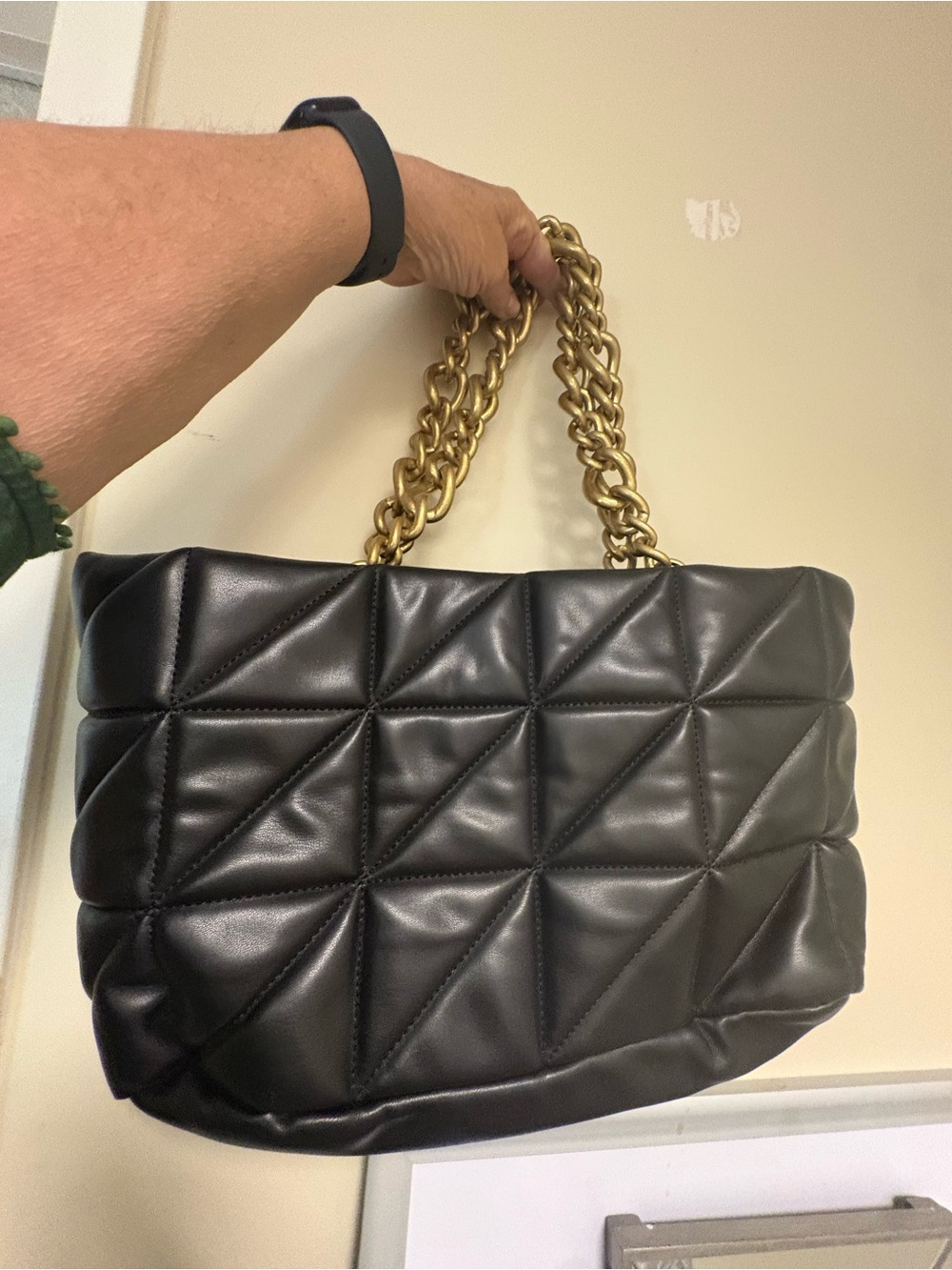 Zara Black Quilted Tote with Massive Gold Chain-Strap Handles Zip Top Bag
